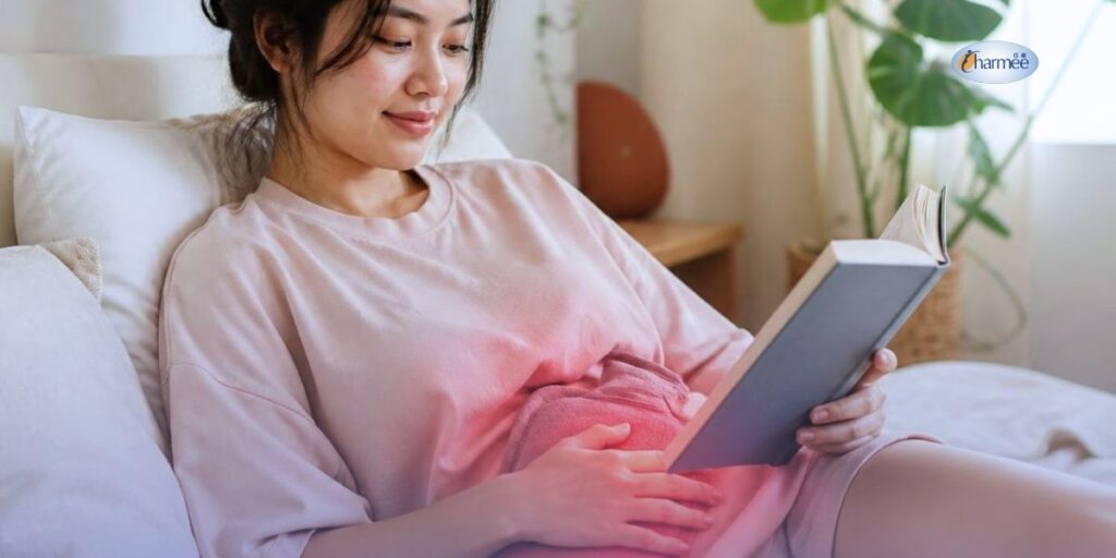 Young Filipina using a heating pad while reading to relieve menstrual cramps and stay comfortable during her period.